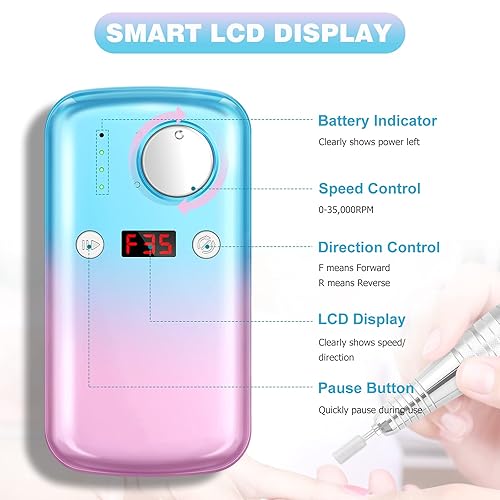 Miniatura 5 de Máquina de taladro de uñas recargable 35000 RPM inalámbrico eléctrico lima de uñas profesional acrílico kit de taladro de uñas para uñas de gel