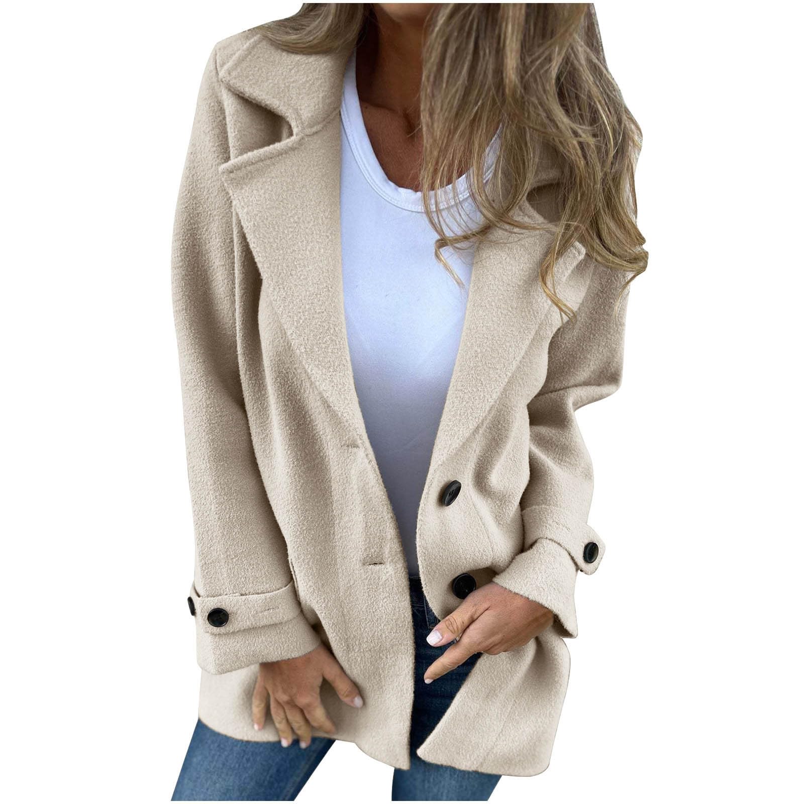 Womens Elegant Pea Coat Lapel Collar Double Breasted Trench Jacket Fall Long Fashion Business Work Outdoor