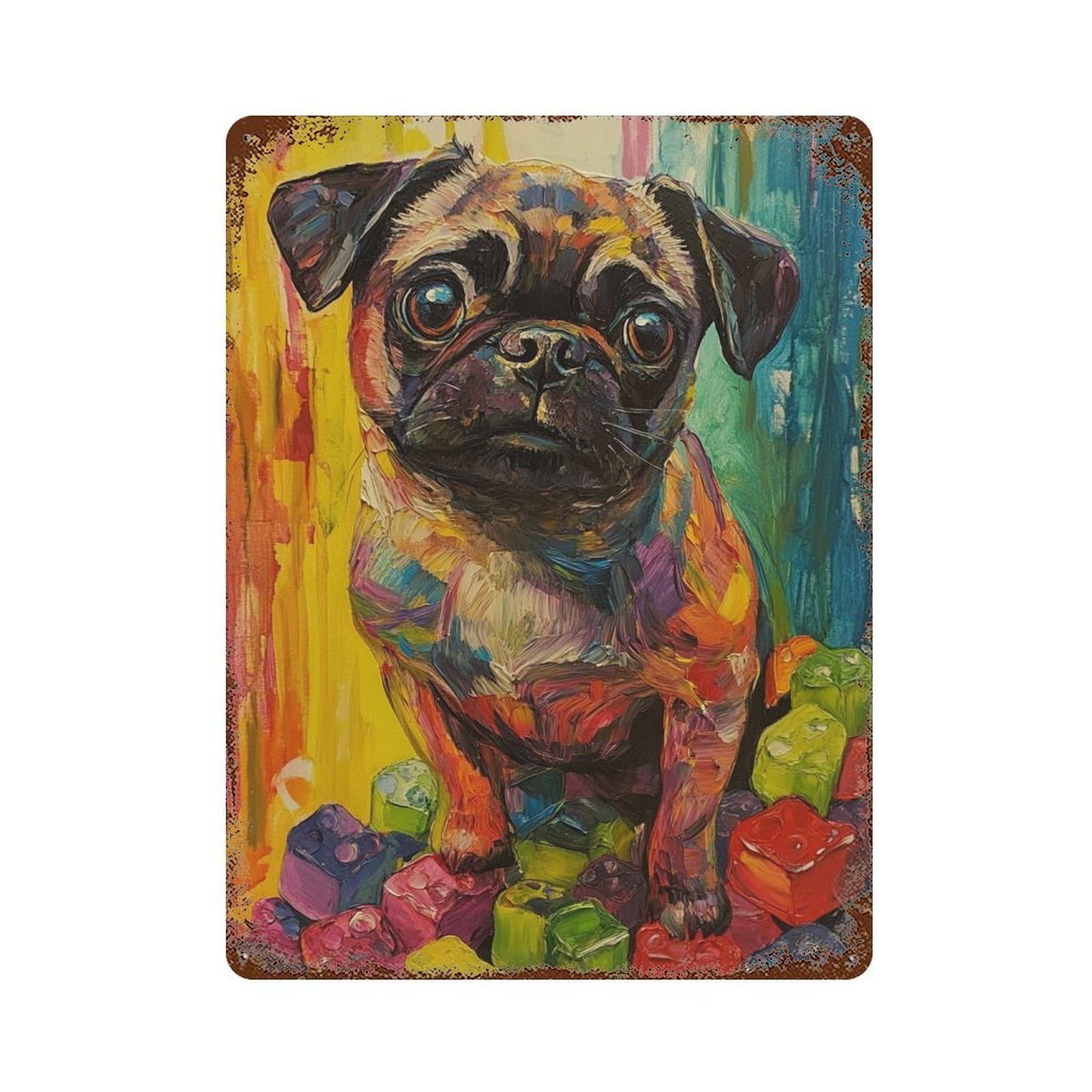 Colorful Pug with Building Blocks Distressed Metal Wall Sign 15.7"x11.8", Rustic Home Decor for Living Room, Hallway And Home Decor