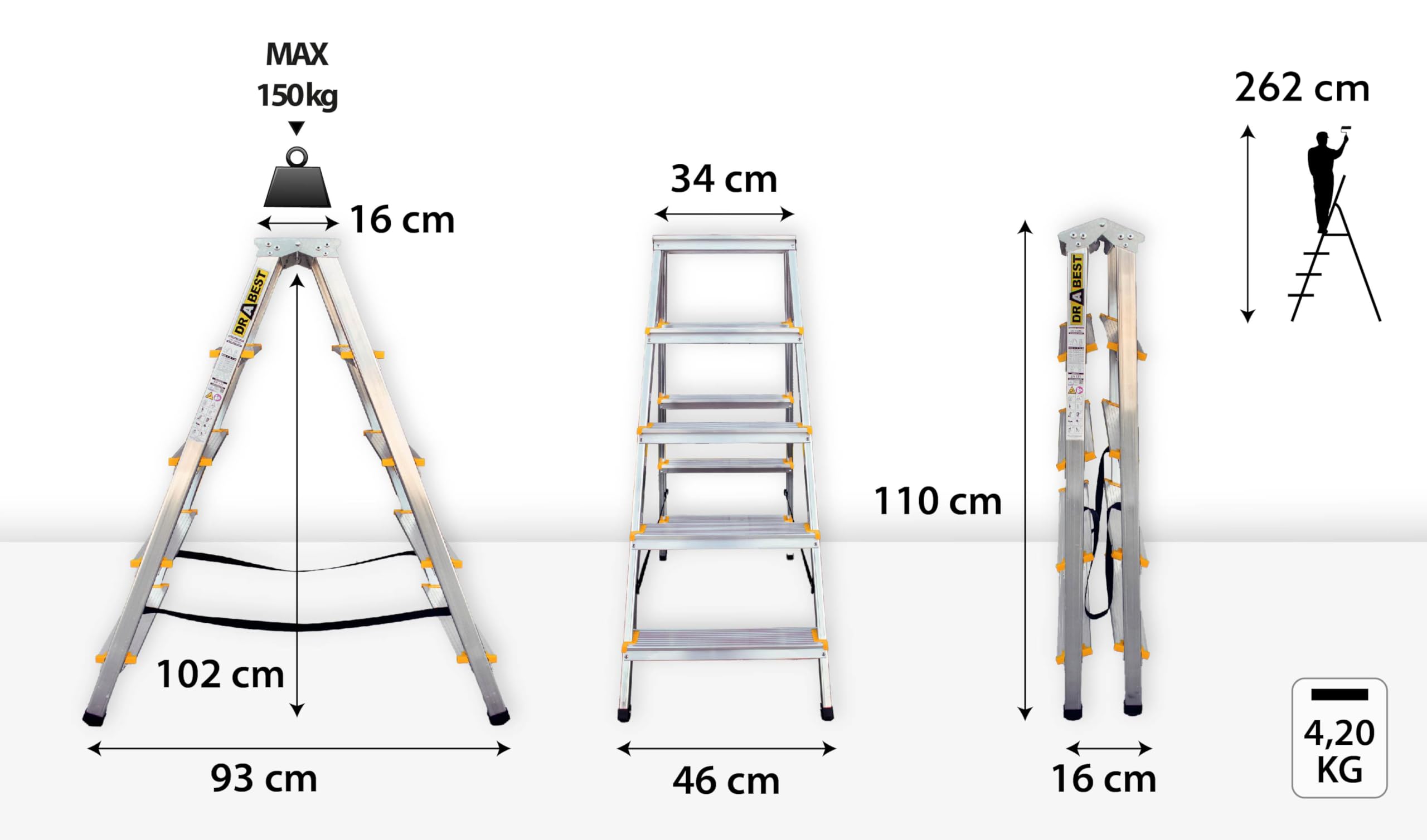Drabest SERIA PRO 2x5-Stopniowa Aluminiowa Dwustronna Drabina Domowa 150 KG - Aluminiowa Drabina Schodkowa - Drabiny Wielofunkcyjne - Składana Drabina Schodkowa - 46 X 110 X 16 Cm