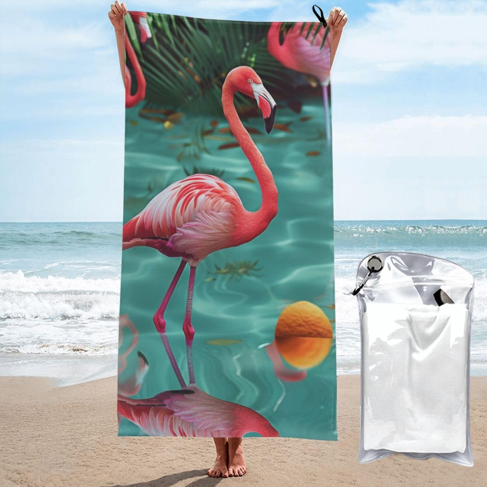 BWWHCCTI Flamingo Printed Microfiber Quick Dry Beach Towel 70x140 CM, Fast Drying Bath Towels with Bags for Travel,Camping,Gym,Beach,Swimming,Yoga