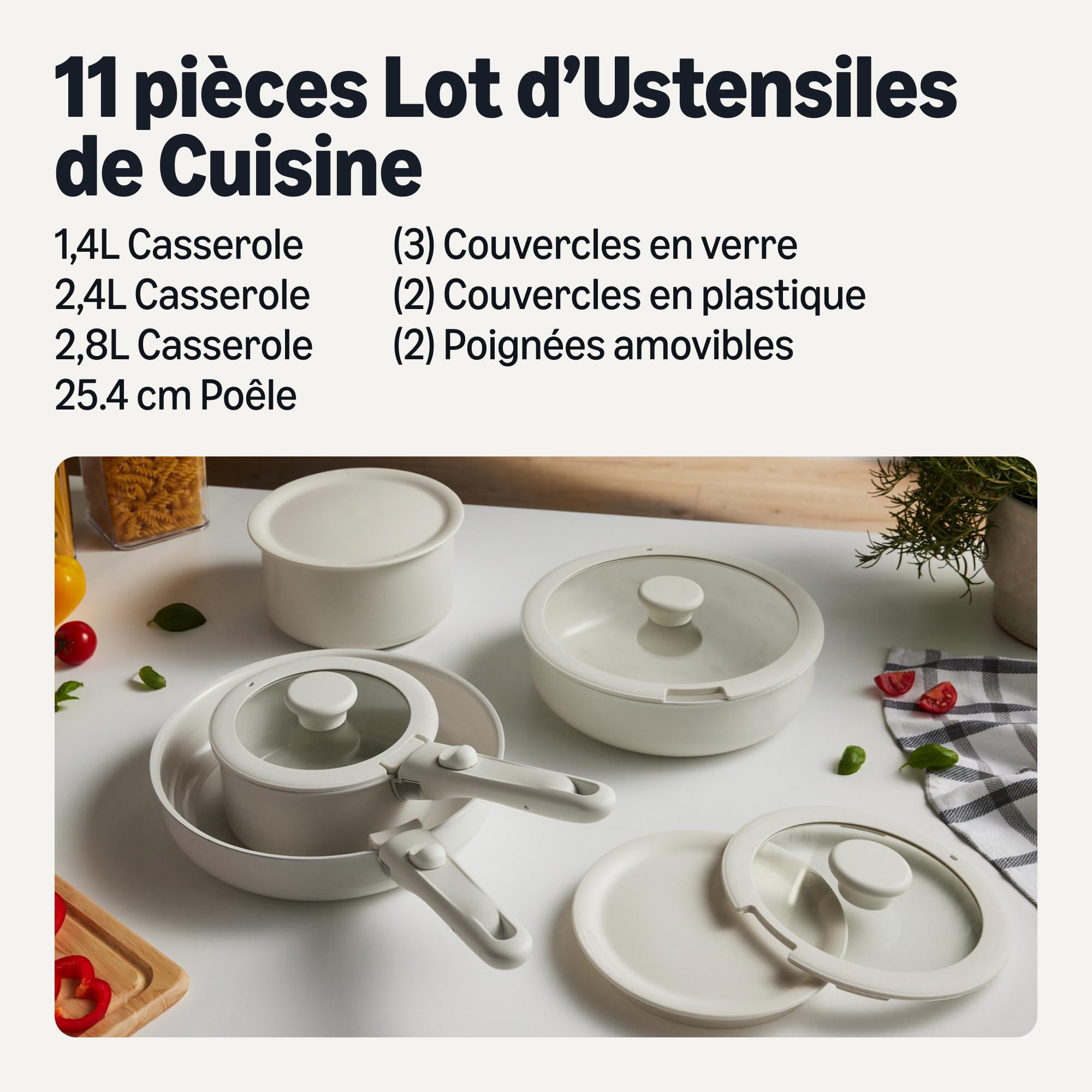 Amazon Basics Ustensiles de Cuisine Empilables Antiadhésifs en Céramique avec Poignées Amovibles, Lot de 11 Pièces, Compatible Tous Feux, Couleur Ivoire