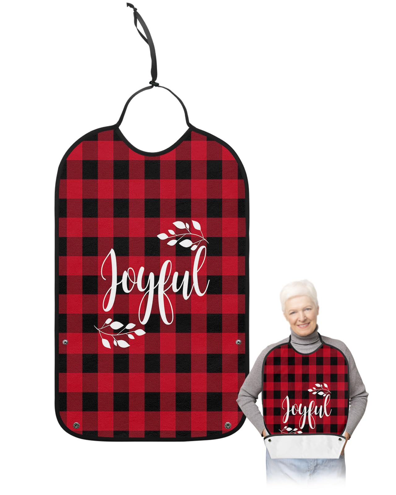 LEOKOTI Christmas Proverb Adult Bibs for Eating, Waterproof Bibs with Food Catcher & Adjustable Snap Closure, Red Black Checkered Joyful Washable Clothing Protectors Adult Bibs for Elderly Women/Men