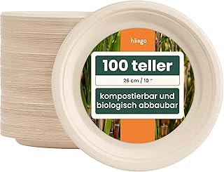 HAAGO 100 Extra Stabile Kompostierbare Zuckerrohr Teller, 26 cm / 10 Zoll Rund – Große Pappteller, Fett- & Auslaufsicher – Biologisch Abbaubare Partyteller, Einwegteller für Grillparty, Hochzeit