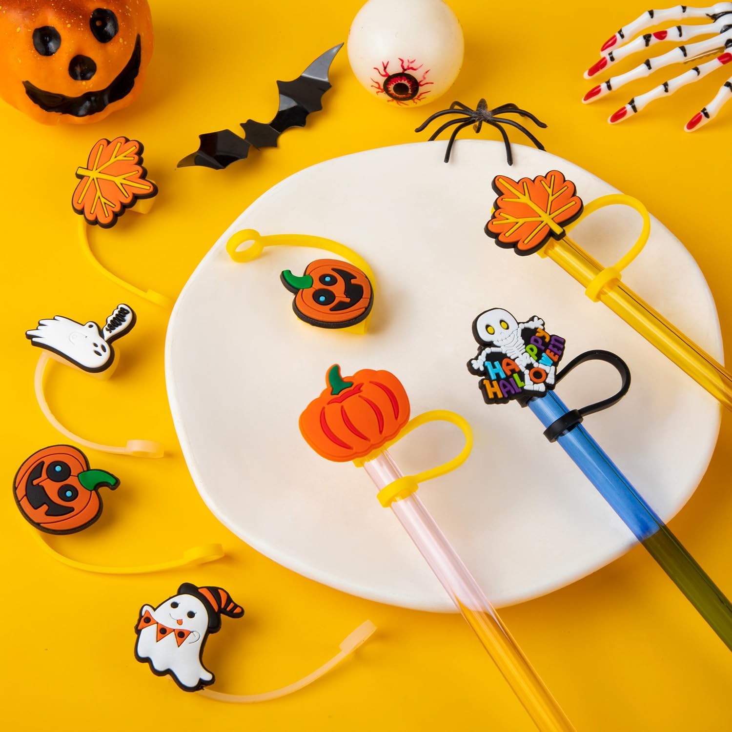 24 PCS Halloween Straw Toppers, Halloween Straw Cover Cap for Cup, 6 Style Halloween Style Cute Silicone Straw Drinking Tips Covers, Ghost Pumpkin Straw Accessories for Home Party Accessories - Image 4