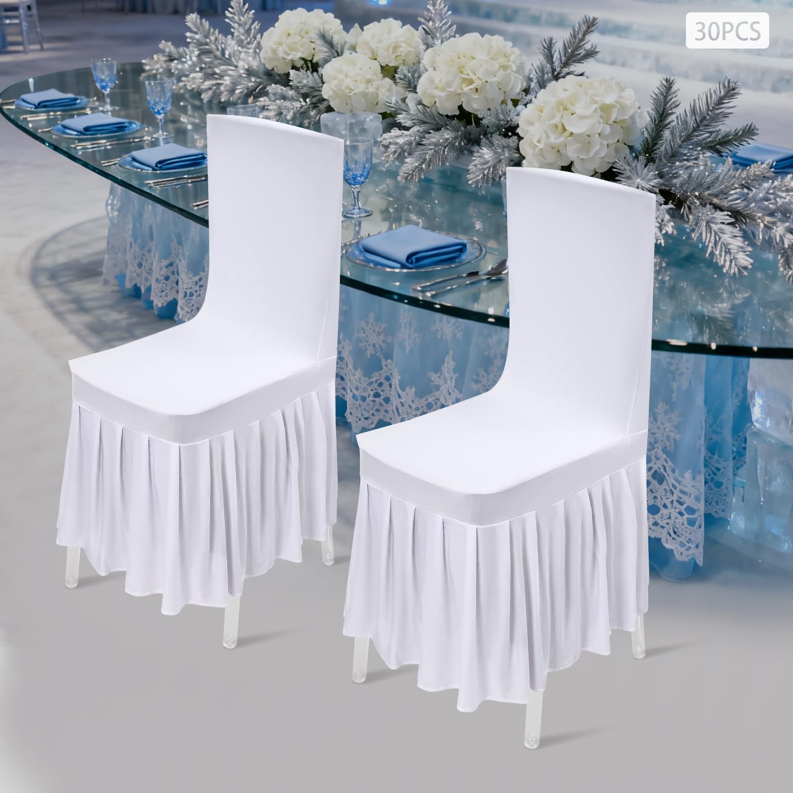 Coprisedia per Sedia con Gonna in Tessuto Elasticizzato 30 Pezzi, Fodera per Sedie da Sposa con Arricciatura, Coprisedie Lavabili per Banchetti, Ricevimenti, Ristoranti e Cerimonie, Bianco