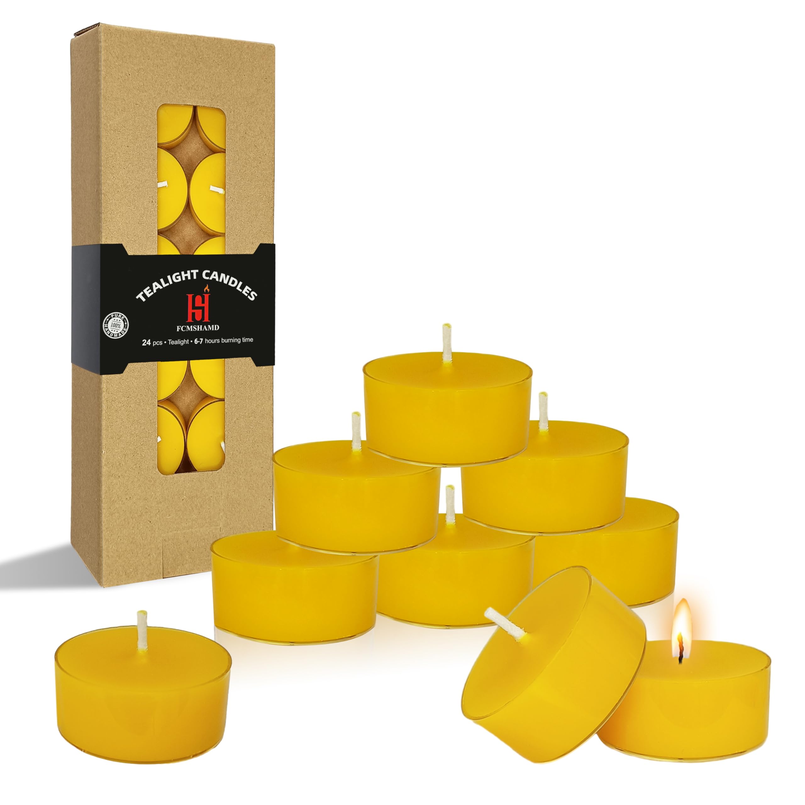 FCMSHAMD Lemon Scented Tealight Candles, Black Scent Tea Lights Candles Clear Cup, 24 Pack Colored Tealights Candle, 7 Hour Burn Time Tea Candles for Party, Decor, Spa, Shabbat