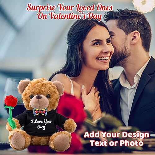 Miniatura 5 de Oso de peluche personalizado con foto y texto personalizado, oso de peluche de San Valentín con rosa y lazo para ella como regalo personalizado para