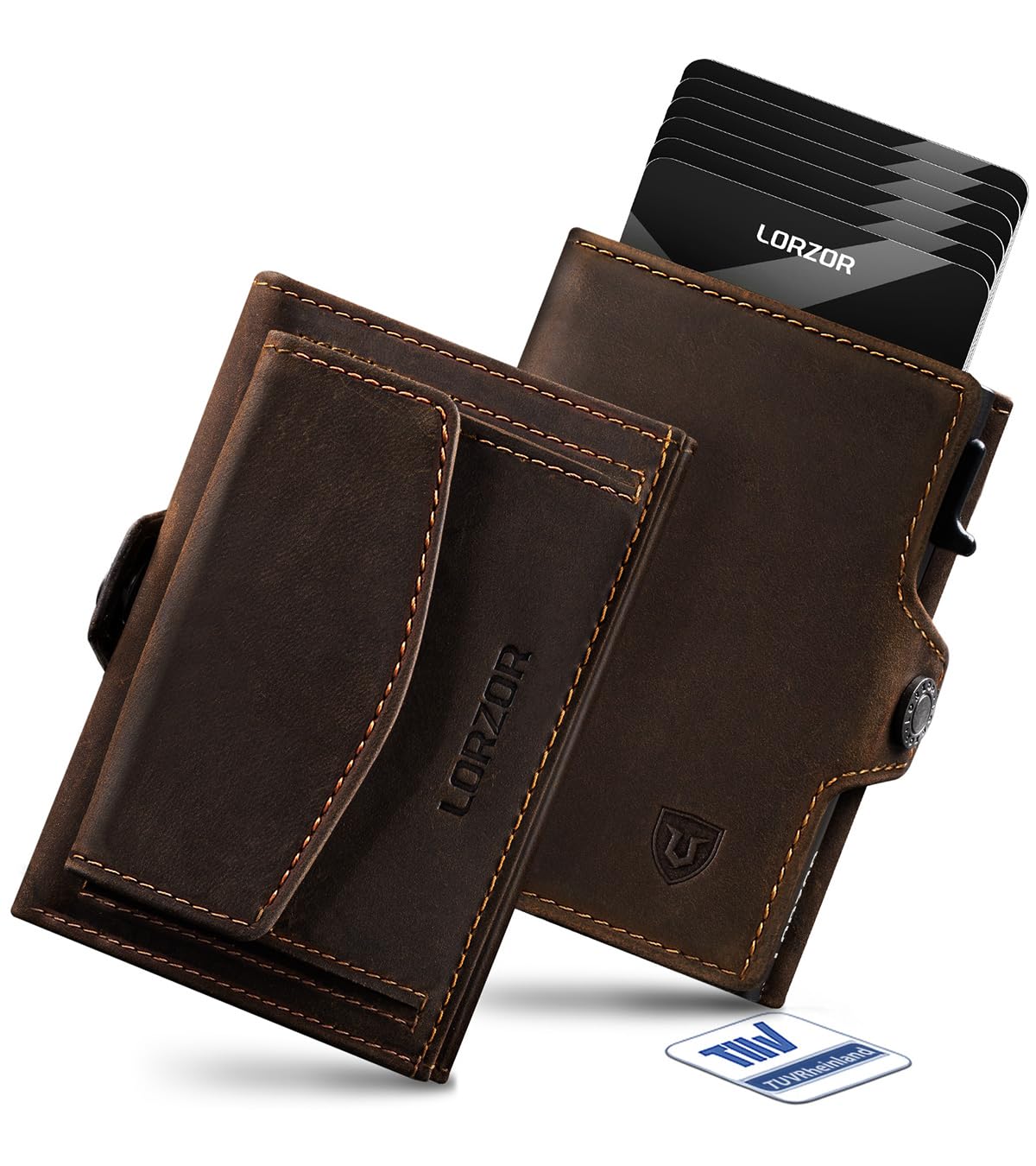 LORZOR Carteras para Hombre Pequeñas con Monedero XXL, Billetera para Hombre con Bloqueo RFID, Cartera Tarjetero Piel, Wallet Pop-up con Compartimento para Billetes, Capacidad para 10 Tarjetas