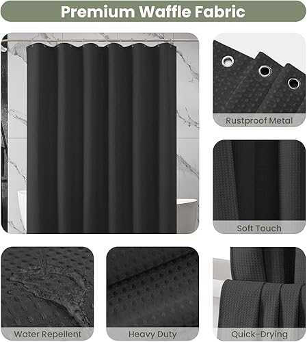Miniatura 3 de Inhousolu - Cortina de ducha de tela con tejido de gofre, resistente de 7.16 ozm, dobladillo pesado, 14 ganchos de metal, repelente al agua, lavable