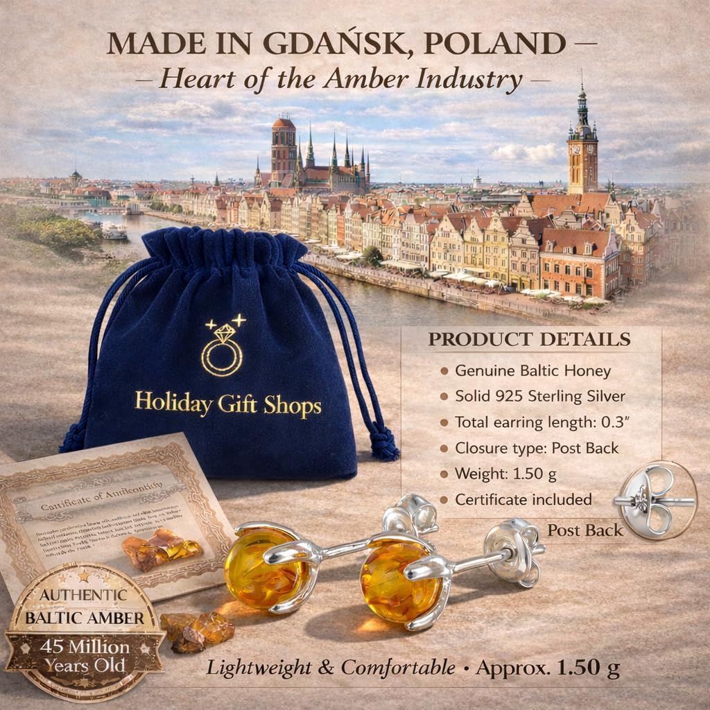 Sadie Genuine Baltic Amber Stud Earrings in 925 Sterling Silver