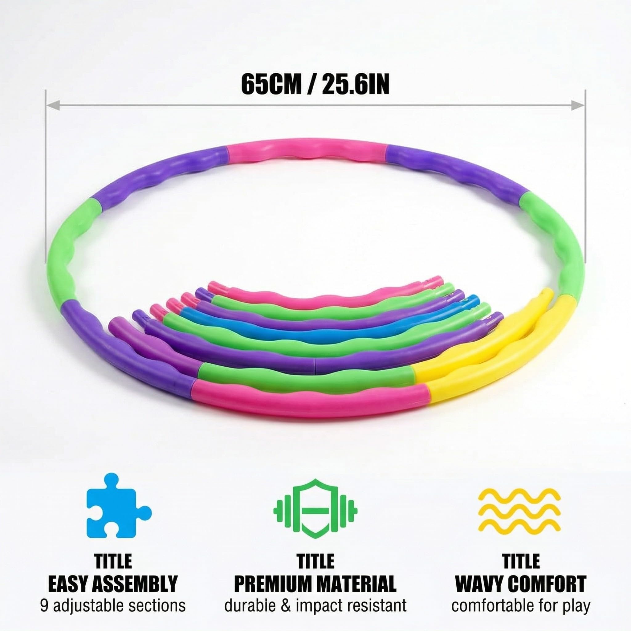 Questo cerchio da hula hoop smontabile ha 9 sezioni regolabili ed è adatto per ginnastica e fitness.