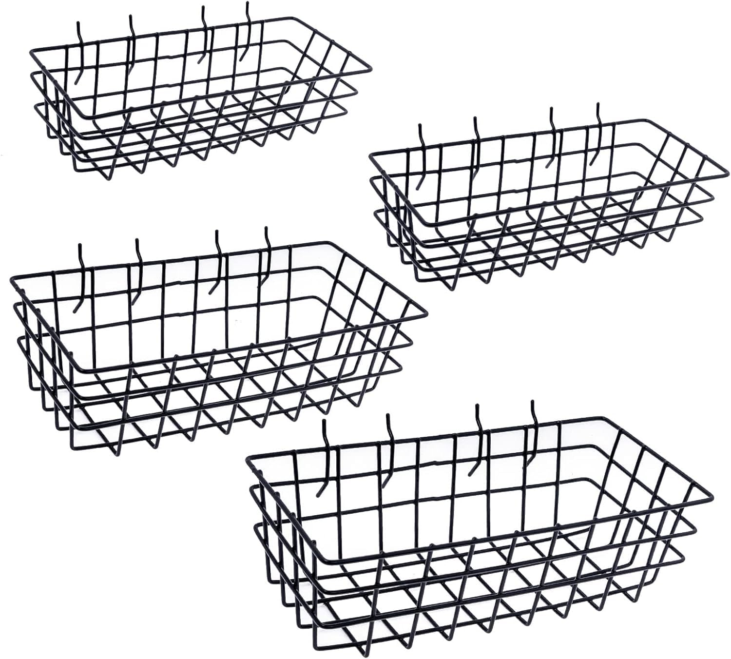 Set di 4 cestini per pannelli forati, quadrati, 4 dimensioni, in filo metallico nero, ganci per qualsiasi piano, per organizzare strumenti, banco da lavoro, accessori, accessori da parete per garage