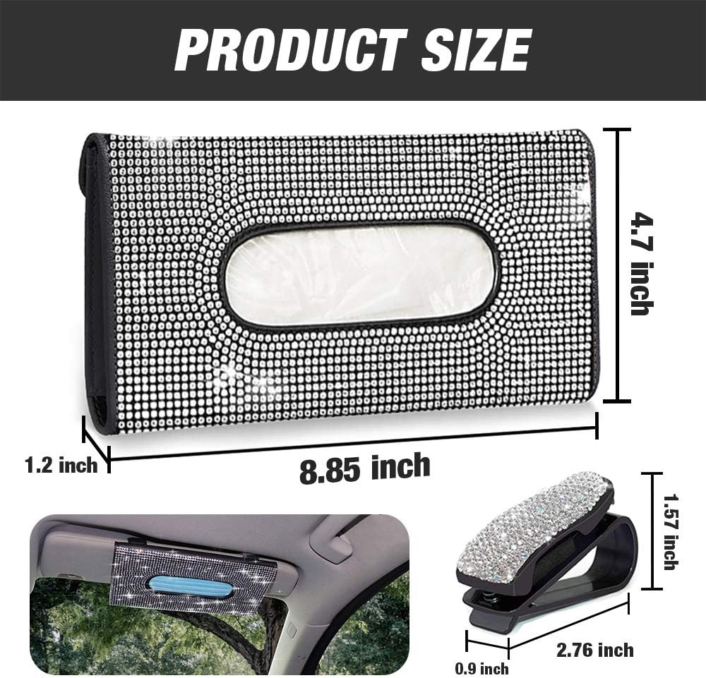 Car Visor Mask Holder, PU Leather Sparkly Tissue Box Holder for Sun Visor, Crystals Napkin Holder Paper Towel Cover Case with Bling Glasses Holders and 2 Glitter Mask Hook Clip (Black)