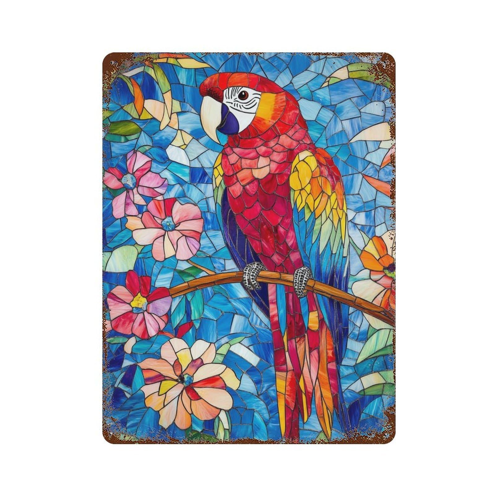 Stained Glass Parrot Artwork-7 15.7"x11.8" Aged Metal Wall Plaque, Classic Wall Plaque for Pub, Kitchen And Man Cave Decor