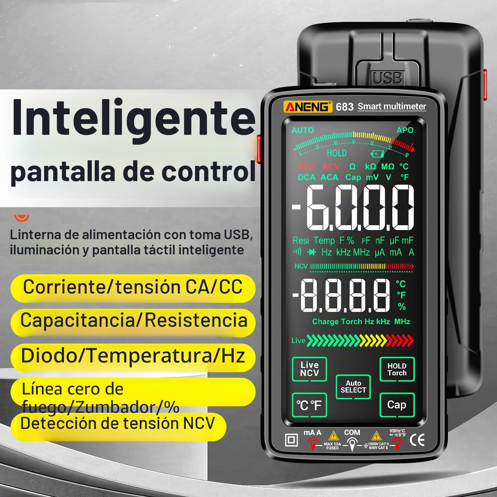 Irfora 683 6000 Cuentas Gran Multimetro Digital de Pantalla Táctil Inteligente Anti-Quemadura Recargable Medidor Universal Inverso de CA Display NCV con Linterna para Voltaje, Corriente, Resistencia,