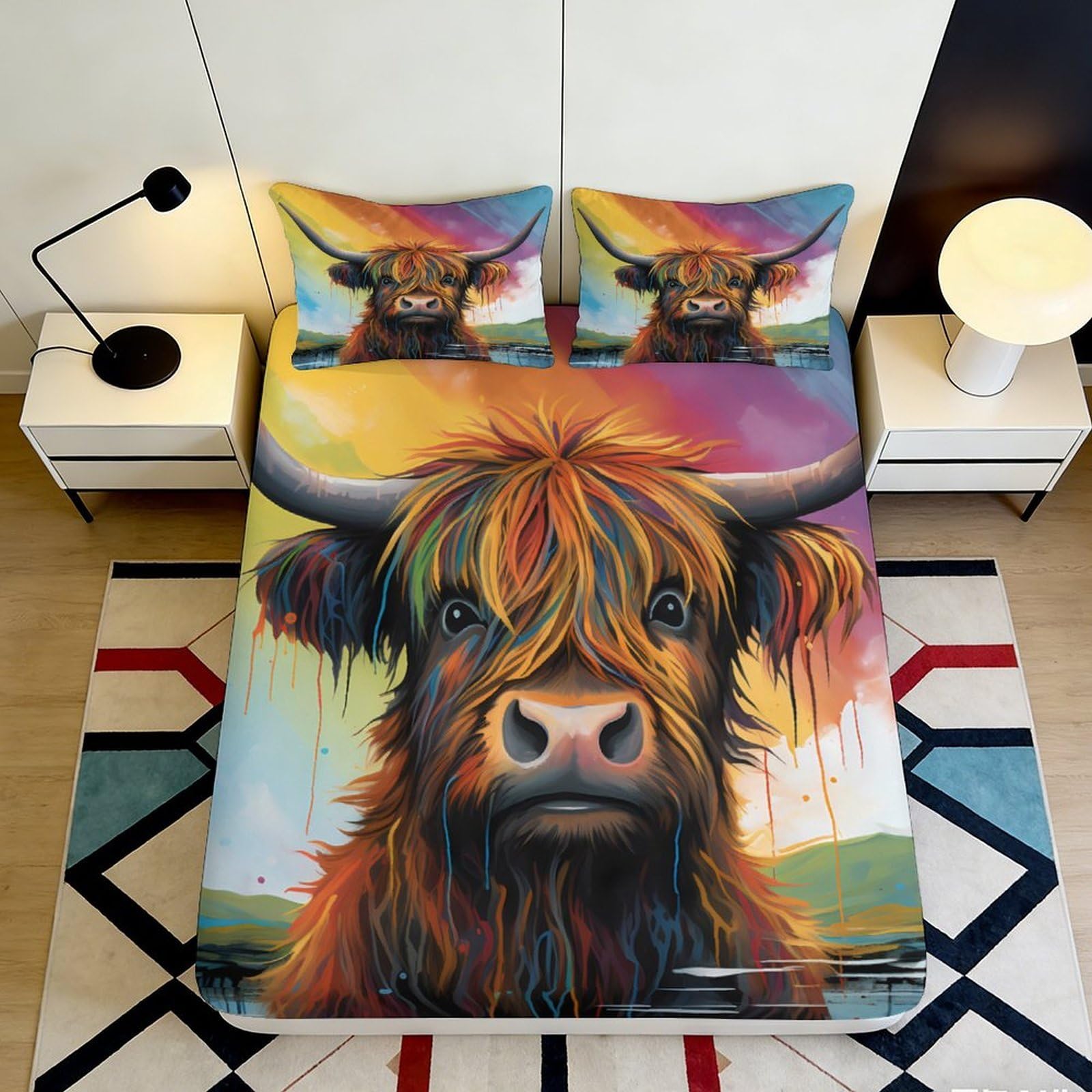 3D Printed Highland Cow Fitted Sheet Microfiber Vibrant Colorful Animal Bed Cover for Bedroom Dorm Decor Mattress Protection 90x200x25cm