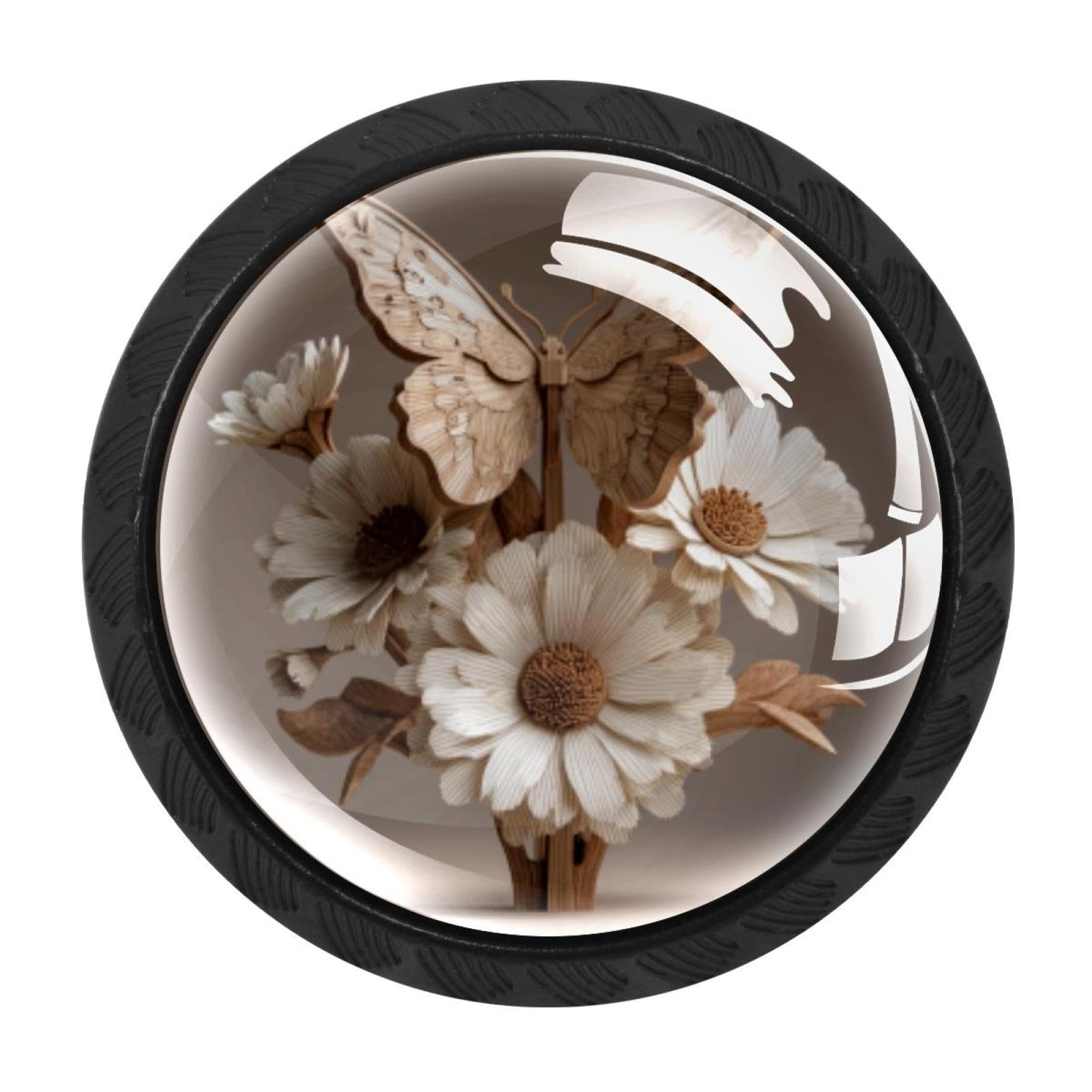CHENZZZZ 4 PCS Daisy Flowers Butterfly Wooden (3) Crystal Glass Cabinet Knob Drawer Pull Handle for Kitchen Cupboard Dresser Wardrobe etc