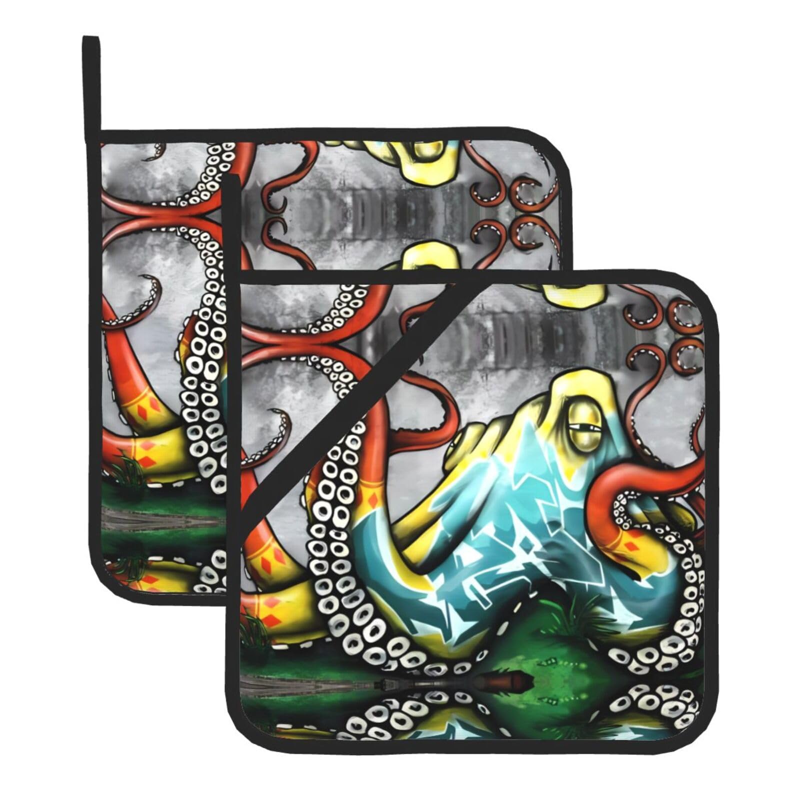 HJFCZH Color Graffiti Octopus Prints Square Hot Pads for Kitchen - Waterproof Heat Resistant Potholders, Thick Trivet Covers with Hanging Loops, Oven & Grill Dish Protectors (2-Pack)
