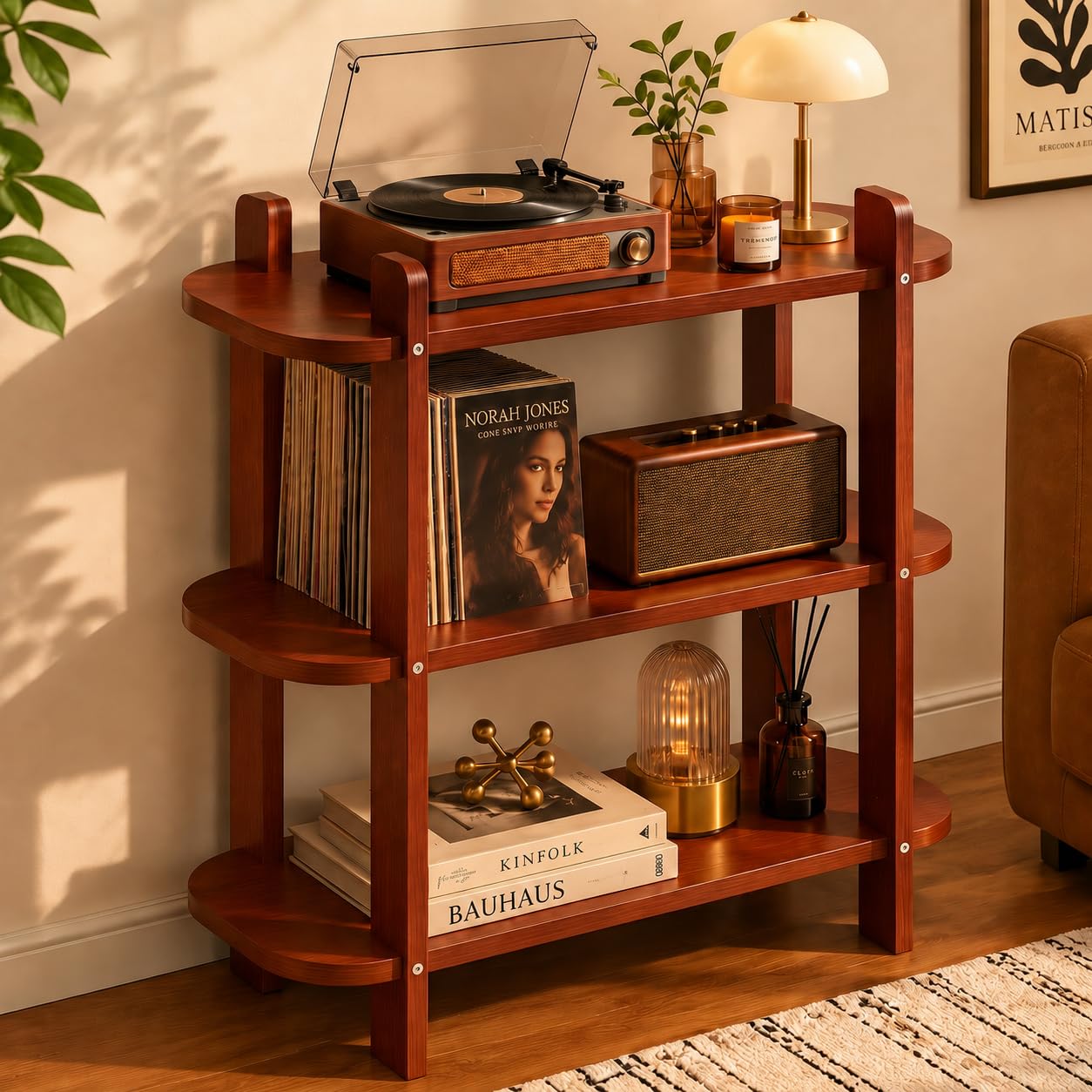Étagère sur pied en bois à 3 niveaux, étagère en vinyle, étagère pour tourne-disque aspect noyer, étagère ouverte en bois pour le salon, support de lecteur de disques avec espace de