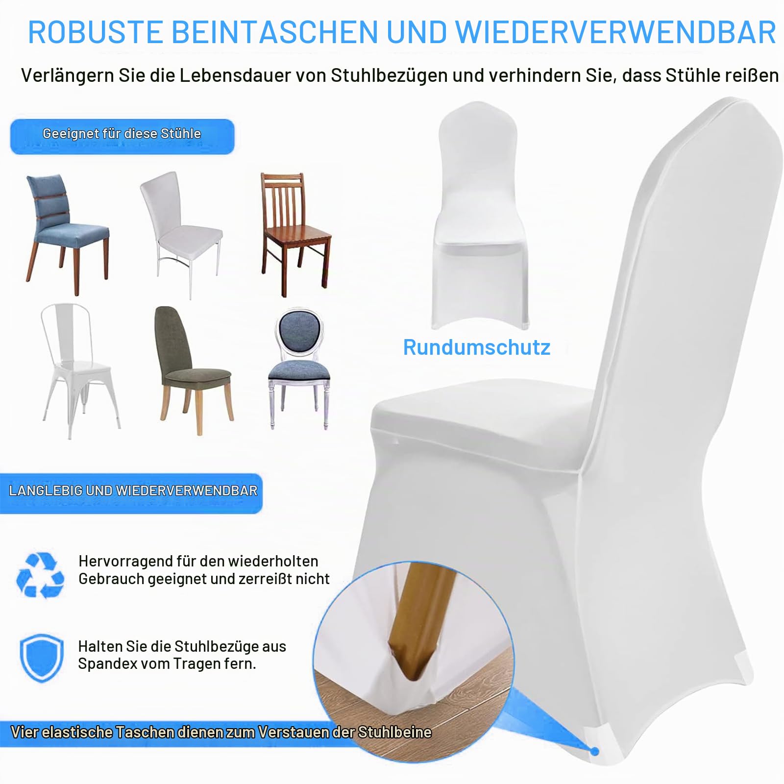 Stuhlhussen 100 Stück, Universell Stuhlhussen Weiß Polyester, Elegante Stuhl Stuhlbezüge Elasthan Spandex Waschbarer für Taufe Geburtstag Hochzeit Bankett Dekoration (100)