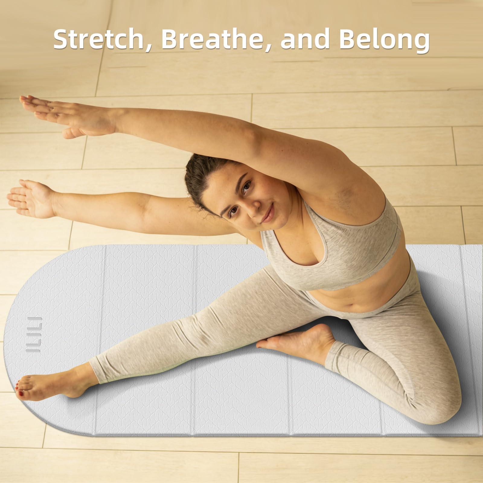 ILILI Esterilla de yoga plegable, semicircular, 10 mm de grosor, material TPE, extralarga de 75 pulgadas de largo x 26 pulgadas de ancho, suave y cómoda, plegable, ovalada, fácil de transportar y