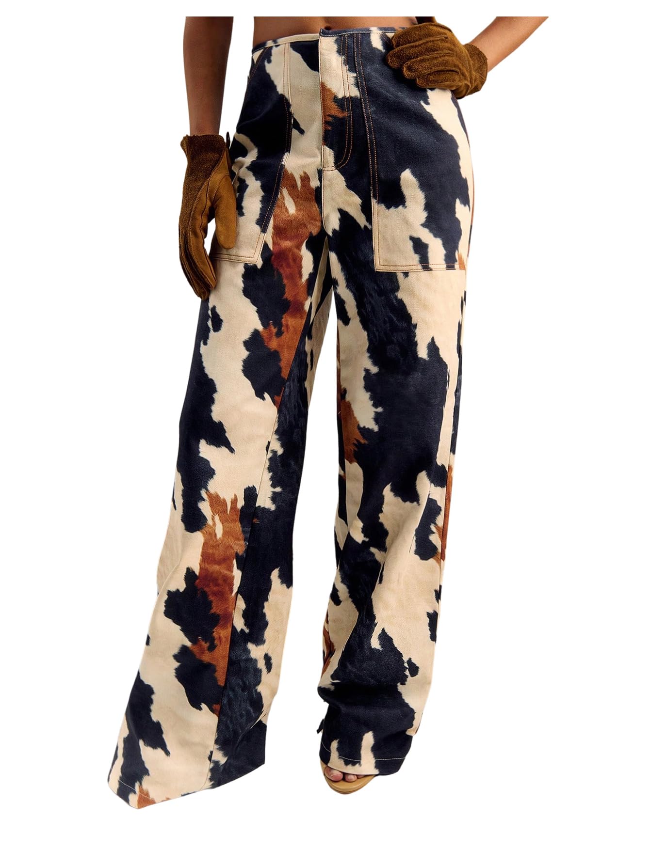 Floerns Womens Western Cow Print Wide Leg Denim Pants Casual Y2k Trousers