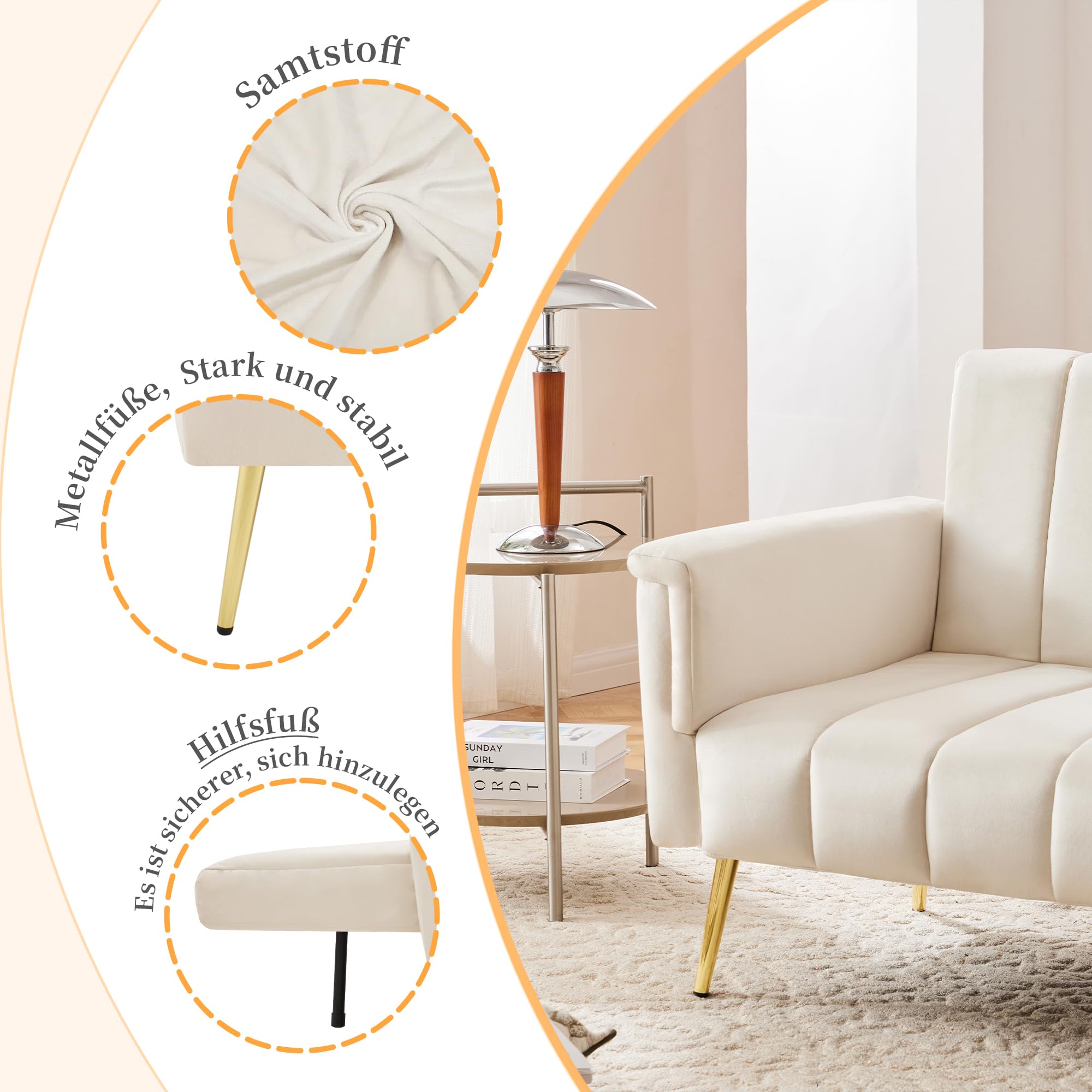 Moderno divano letto pieghevole, divano letto con piedini ausiliari, funzione sonno, tessuto in velluto, adatto per soggiorno, camera da letto, home cinema, camera degli ospiti (beige)