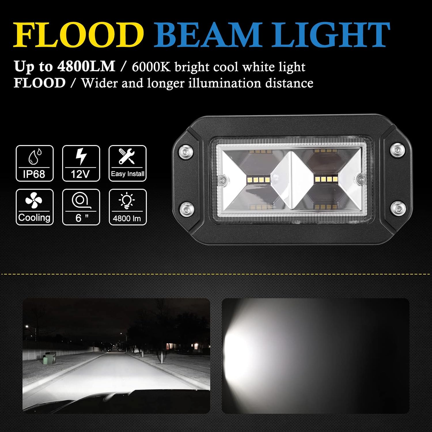 BUNKER INDUST 6" Inch Flood LED Light Pods,Pair Flush Mount LED Work Light 4800LM Light Bar Backup Driving Lights Waterproof for Truck Tractor Off Road 4x4 Jeep Pickup SUV ATV UTV Golf Cart