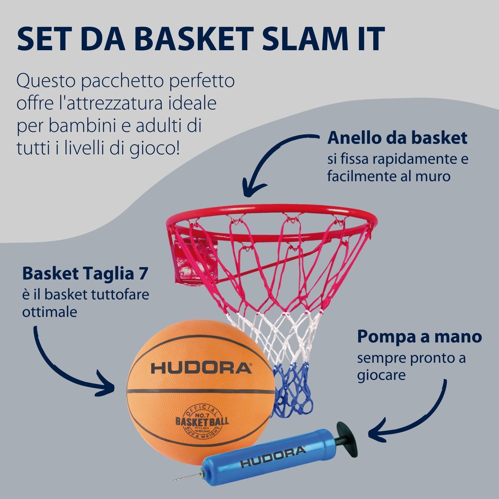 HUDORA Set Basketball Slam It - Cesto, Palla Misura 7 e Pompa - Robusto Canestro per Interni ed Esterni - Palla in Gomma per Bambini e Adulti