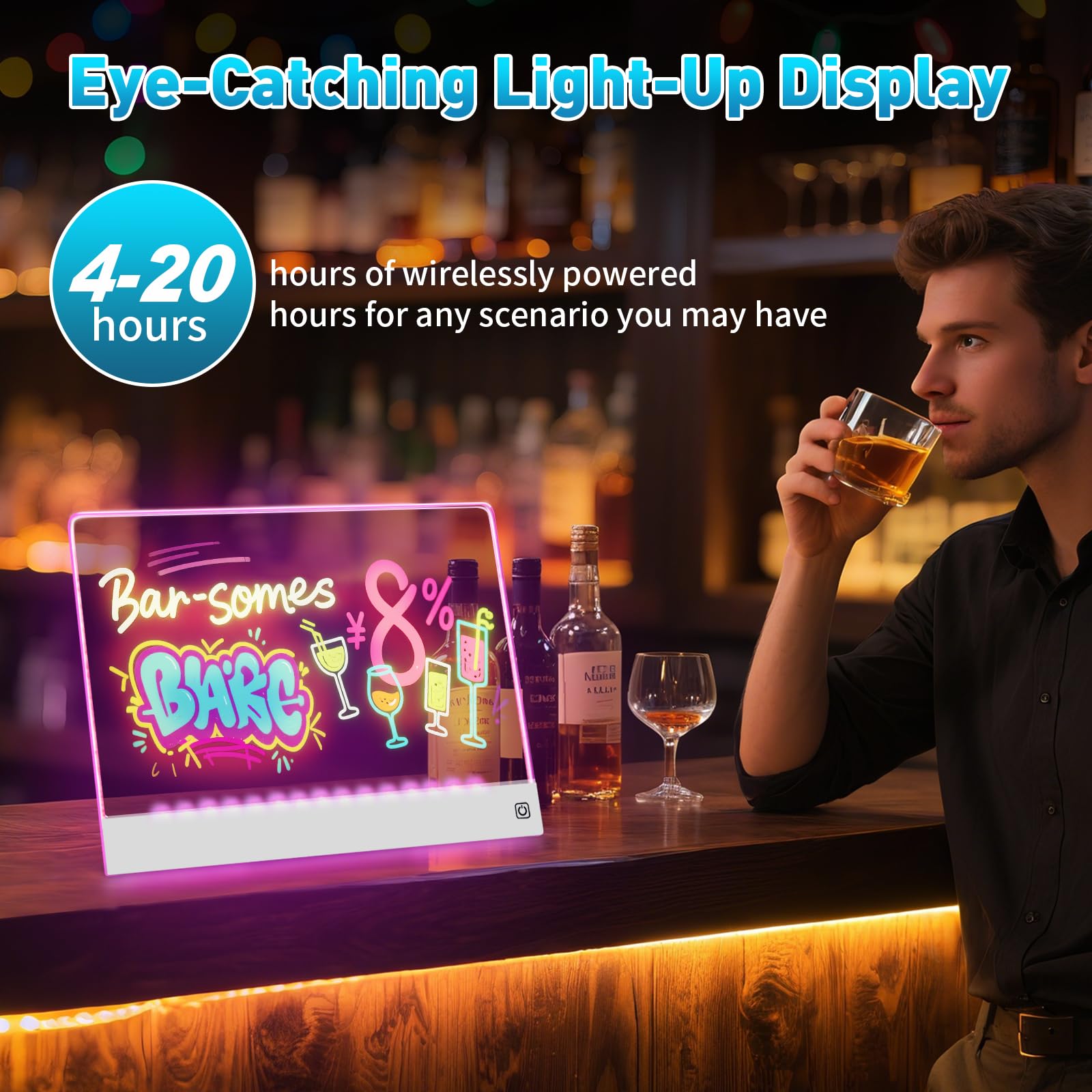 Tablero de notas LED con 7 colores, pizarra de borrado en seco acrílico con luz recargable, tablero de dibujo LED con soporte invisible, tablero de garabatos brillante, regalos de cumpleaños y 2