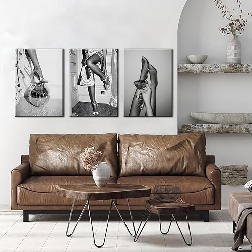 Miniatura 5 de Juego de 3 lienzos de pared de moda para mujer, diseño feminista de moda en blanco y negro, tacones altos en discoteca, bar, carrito, mujer, beber