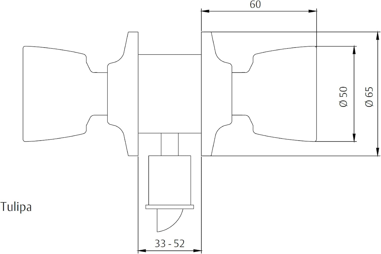 Technical drawing illustrating the dimensions of the Tesa Assa Abloy Tuipa door knob.