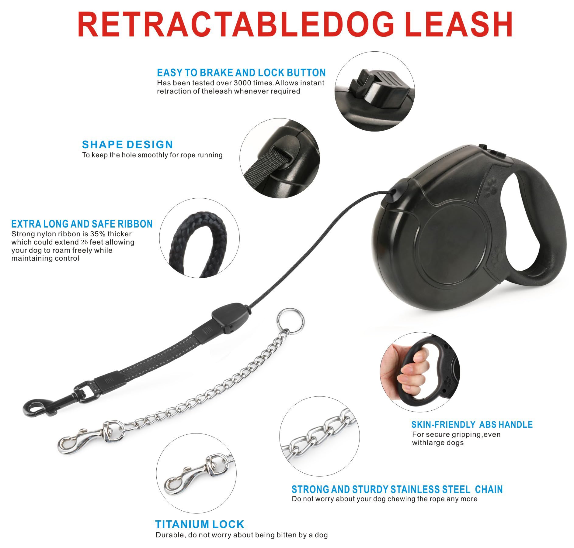 Idepet Laisse rétractable robuste pour chiens de petite et moyenne taille, conception de chaîne en acier anti-mastication, 360 degrés, sans nœuds, système de rupture et de verrouillage, laisse de 26