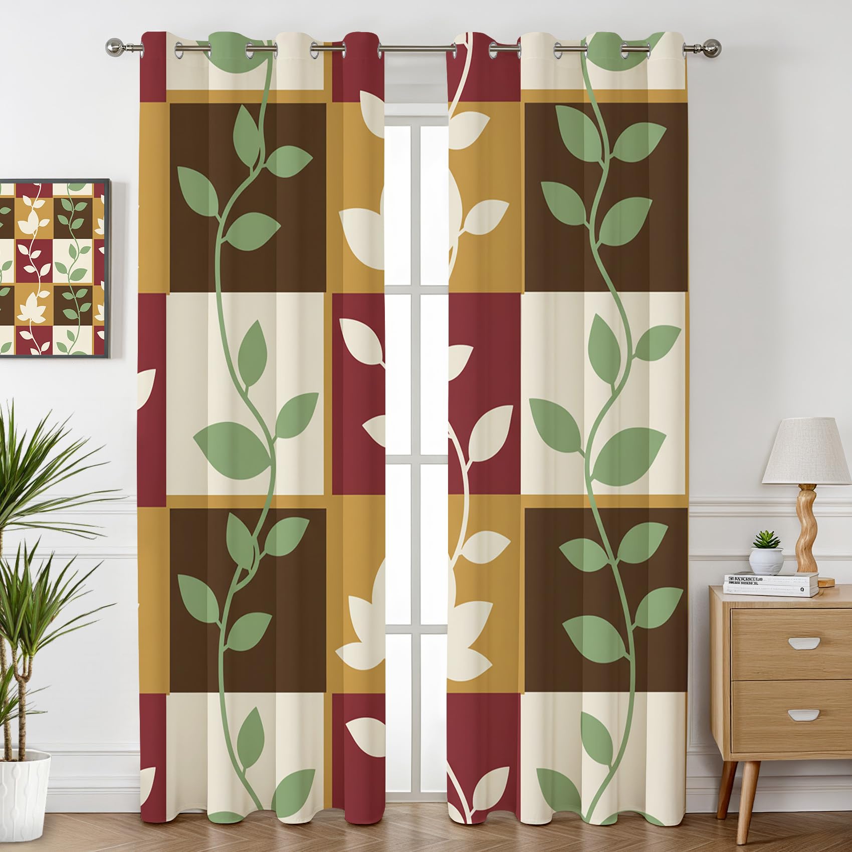 Havenix Botanical Leaf Blackout Curtains for Bedroom Living Room, Burgundy and Brown Geometric Floral Patterned Curtains 90x108, Thermal Insulated Eyelet Drapes for Windows, 2 Panels