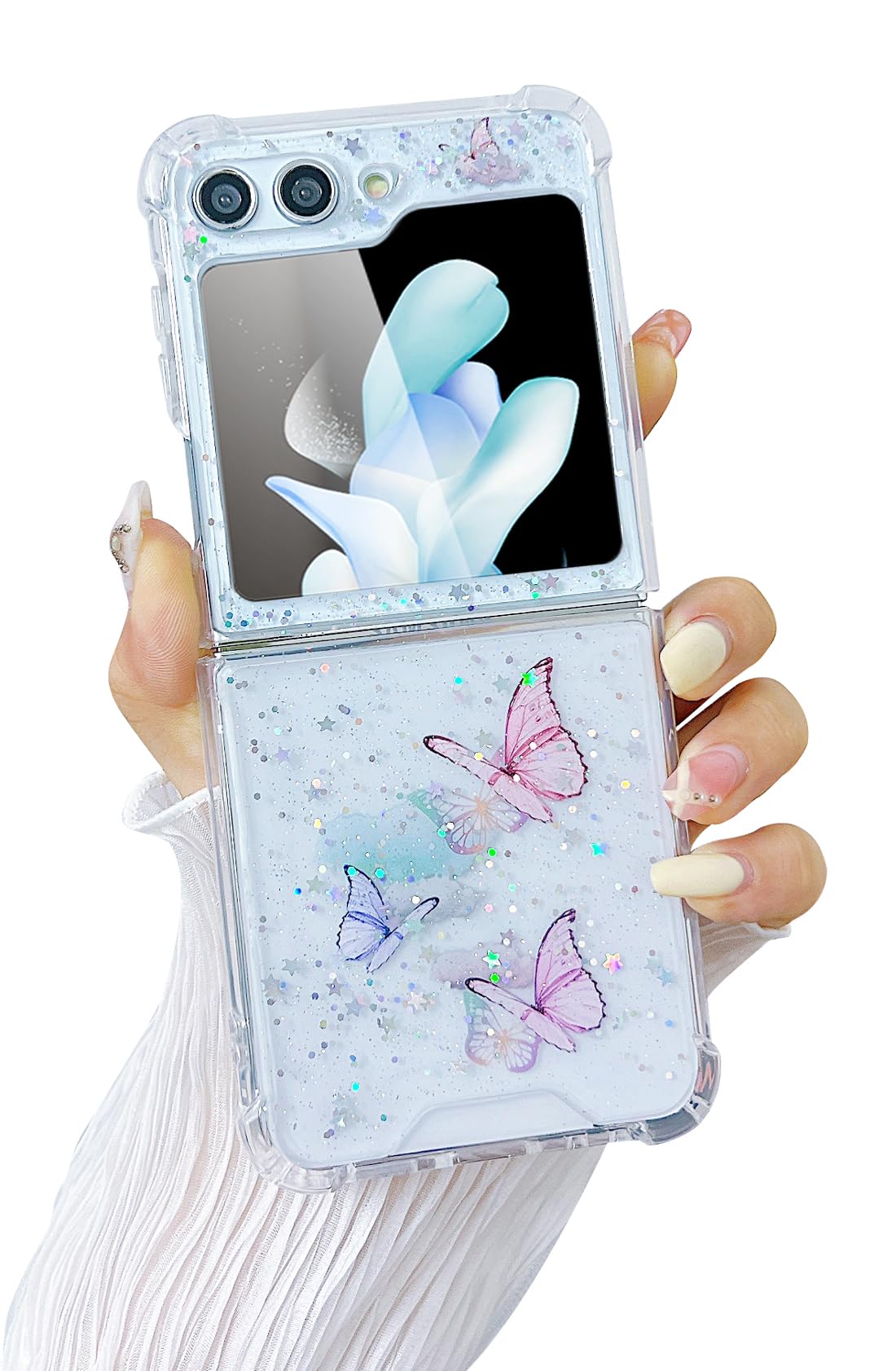 MUNDULEA Compatible with Samsung Galaxy Flip 5 Case Clear Butterfly Pink Women Girls TPU Sparkle Glitter Shockproof Phone Cover for Galaxy Z Flip 5 (