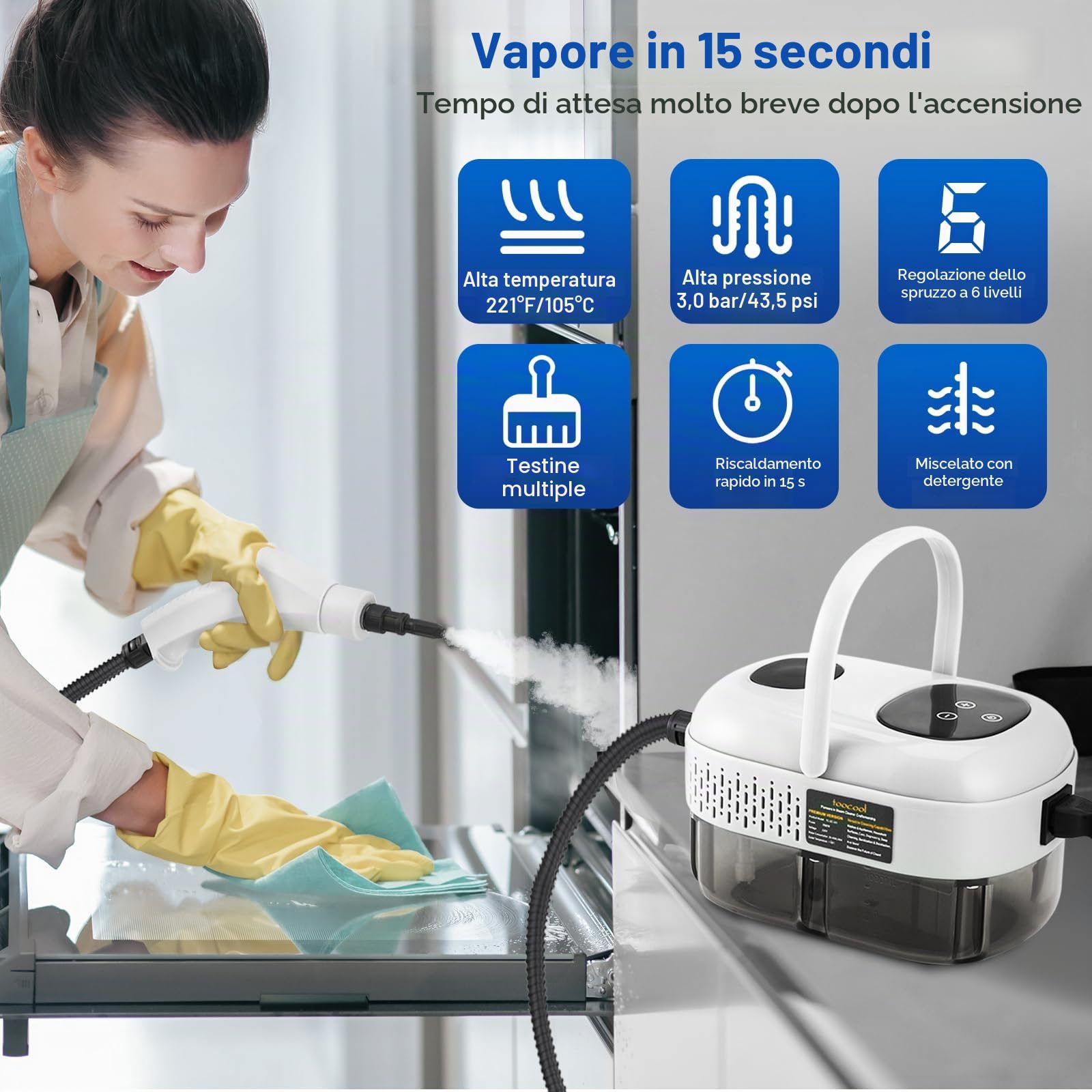 Pulitore A Vapore Portatile 2500w, Pulitore A Vapore Ad Alta Pressione 1100ml Con 3 Testine, Pulitore A Vapore Portatile Multifunzionale Per Mobili Da Cucina, Bagno, Auto (Bianco)
