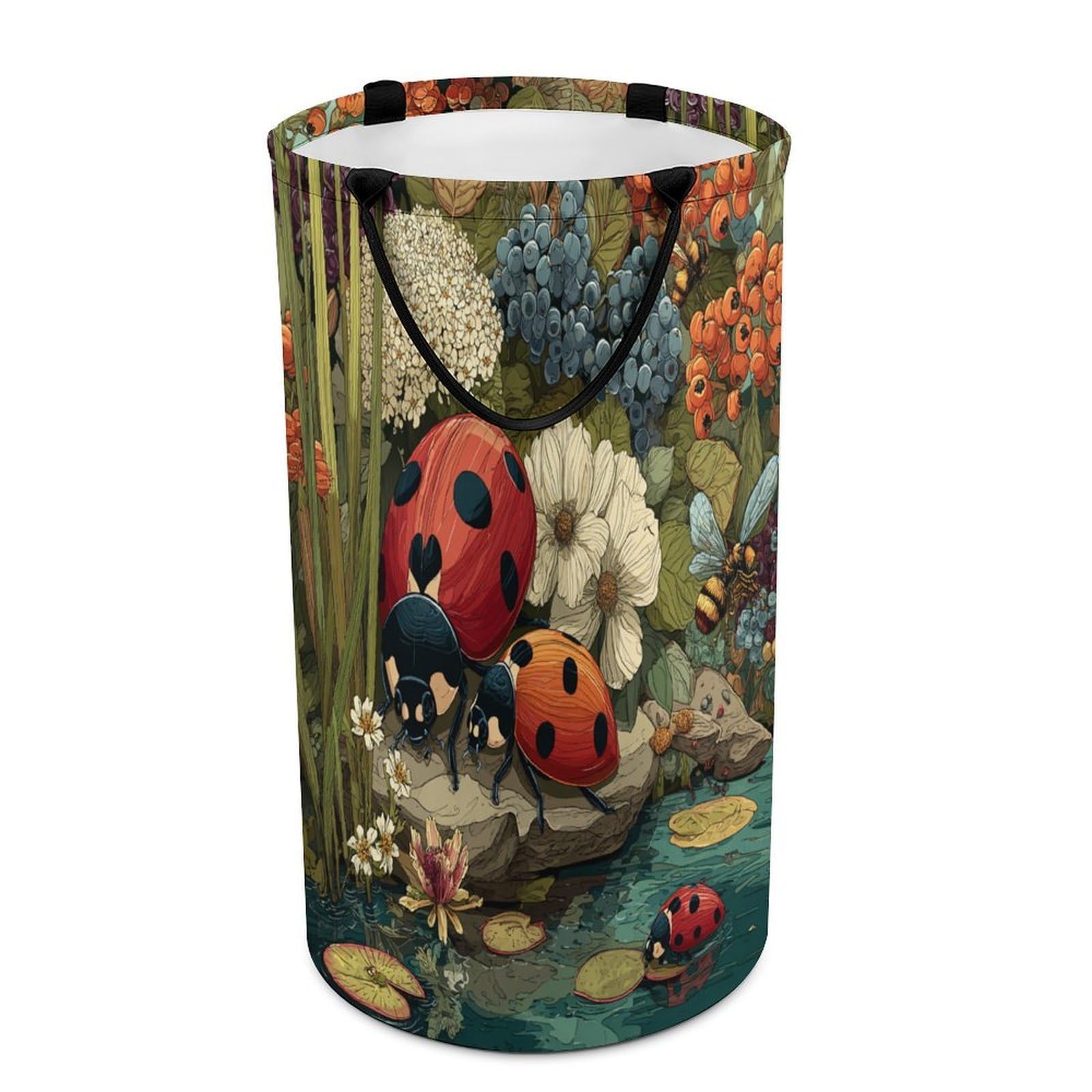 LUYYSKY Beautiful Rustic Cute Ladybug Versatile Storage Laundry Basket, Modern Abstract Spring Garden Botanical Daisies Flowers Large Capacity Bathroom Hamper With Handle