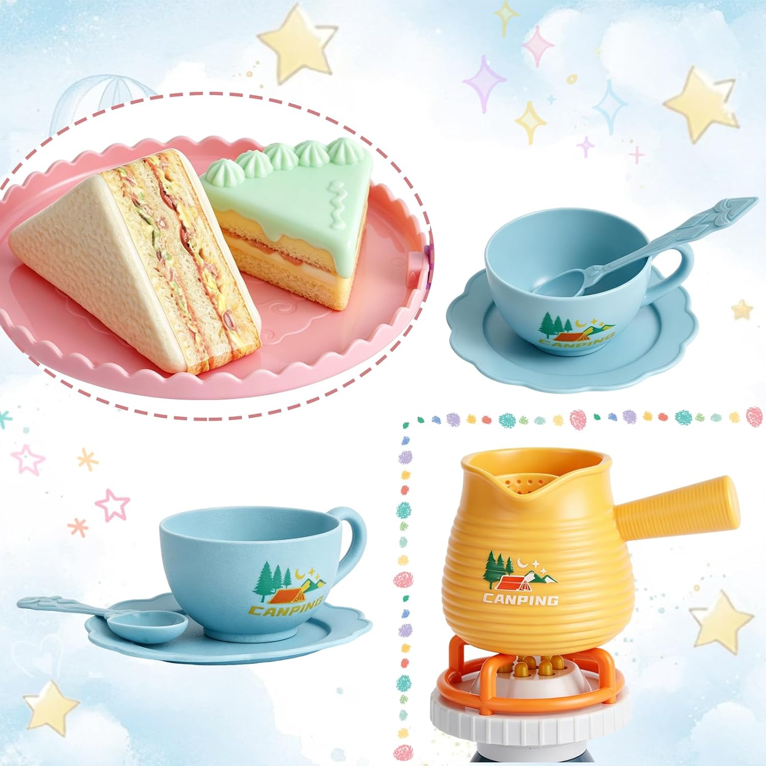 18PCS Outdoor Camping Pretend Play Set,Interactive Pretend Play Kitchen Toy Set for Kids - Cooking Play with Lights & Sounds, Tea Set, Cake Stand Educational Gift for Girls Boys Ages 3-8‌