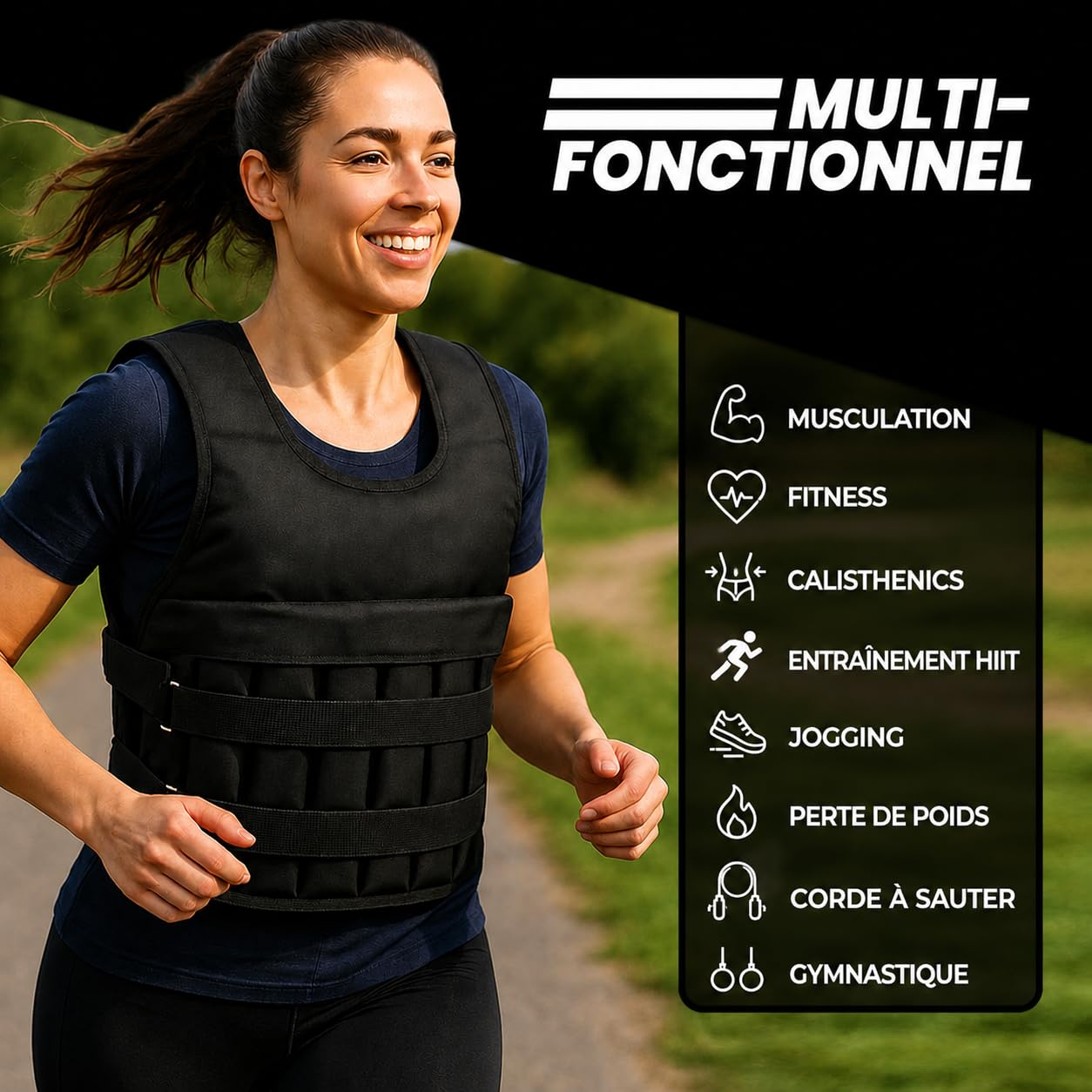Gilet lesté de 10 kg réglable avec poids amovibles, gilet d'entraînement pour musculation, crossfit, cardio, course à pied, noir
