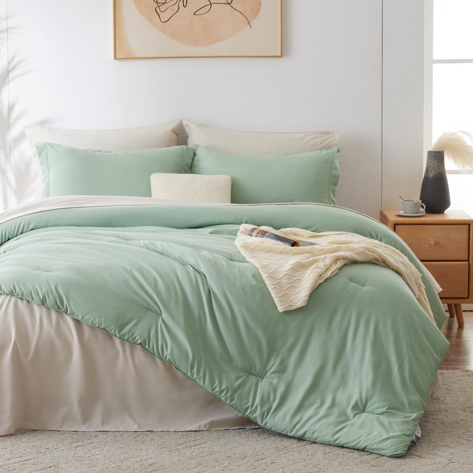CozyLux Sage Green Comforter Set Queen 7 Pieces Queen Bedding Set Contrasting Design with Comforter, Flat Sheets, Fitted Sheet, Pillowcases & Shams, Boho Bed in a Bag Queen for All Season: Twin XL Sage Green