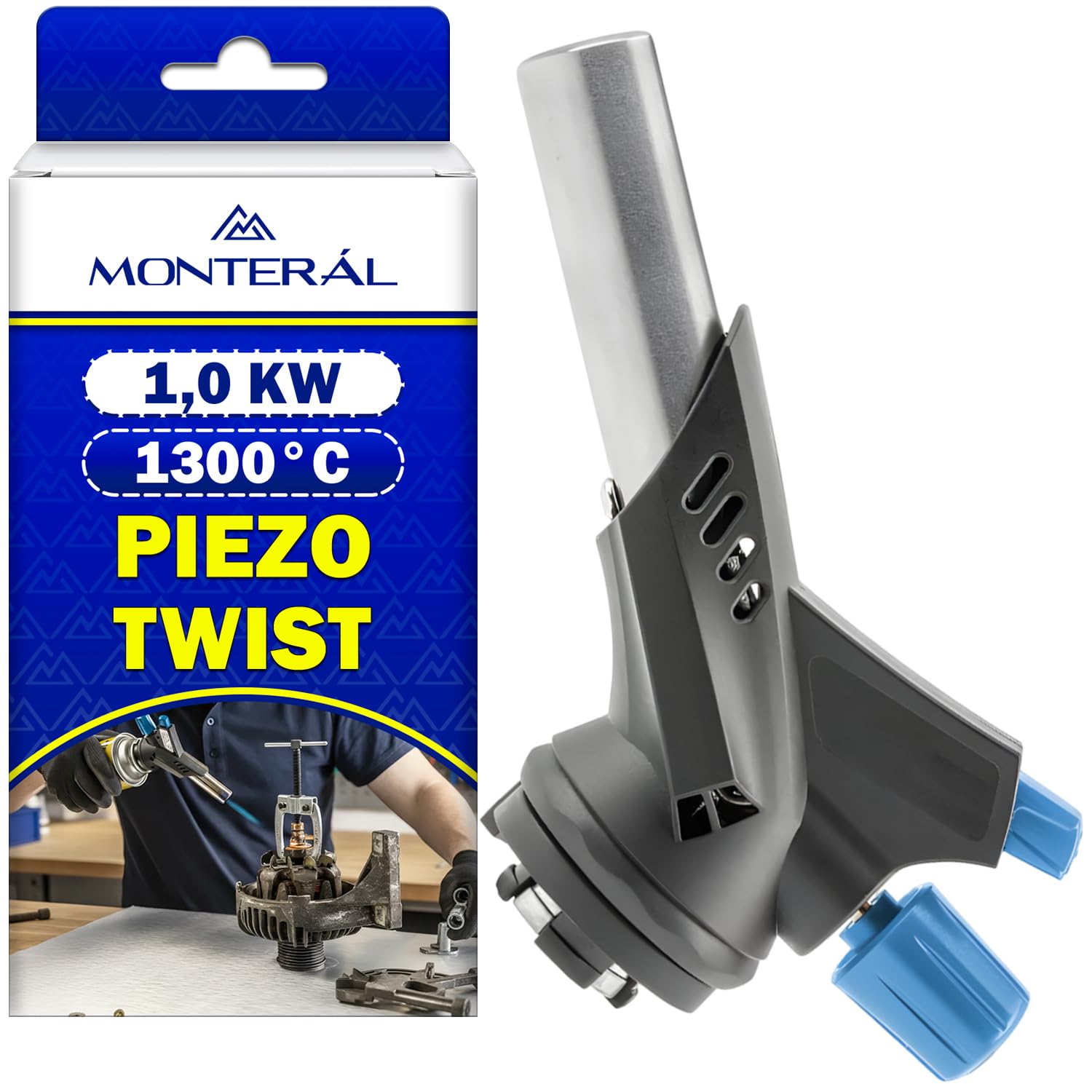 Soplete Gas Butano 1,0 kW 1300°C con Encendido Piezoeléctrico y Conexión TWIST - Soplete de Gas Adecuado para Fontanero Cocina Soldadura Cobre Termoretractil - MONTERAL