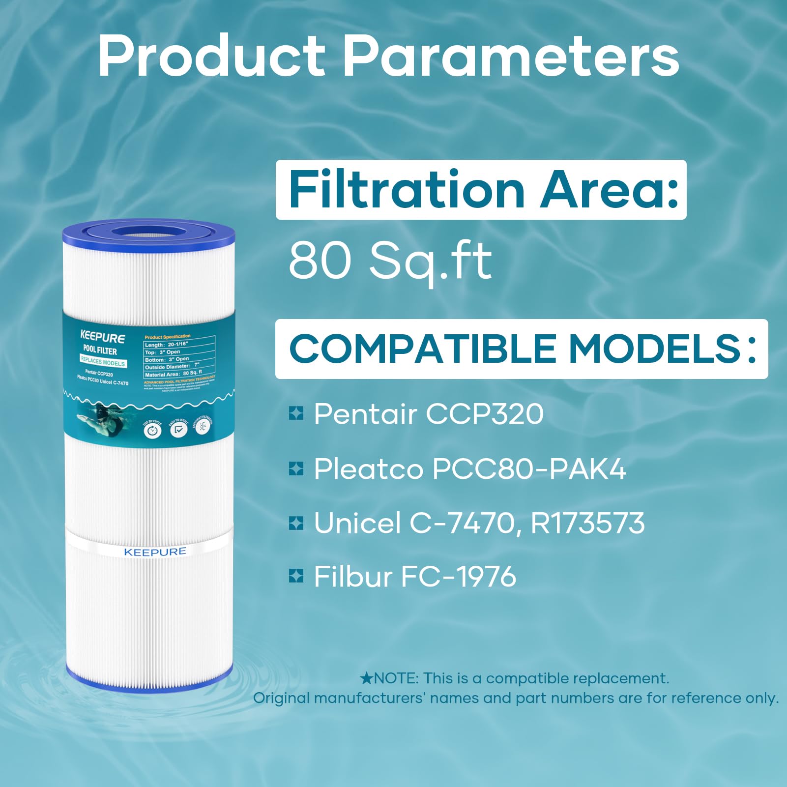 KEEPURE CCP320 Pool Filter Cartridges Compatible with PCC80, C-7470, PCC80-PAK4, FC-1976, Clean?Clear Plus 320, R173573, 178580, 817-0081, 4 x 80 sq.ft, 4Pack