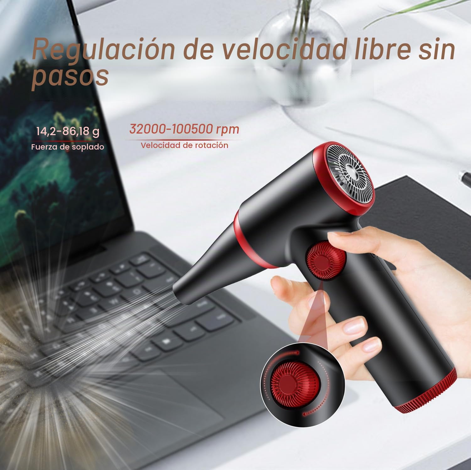 ATEngeus Soplador de Polvo Eléctrico, Eléctrico Aire Comprimido de velocidad continua, 100500 RPM Aire Comprimido Limpieza con luz LED, Plumero de aire para Laptop, Coche, Sofá, PC