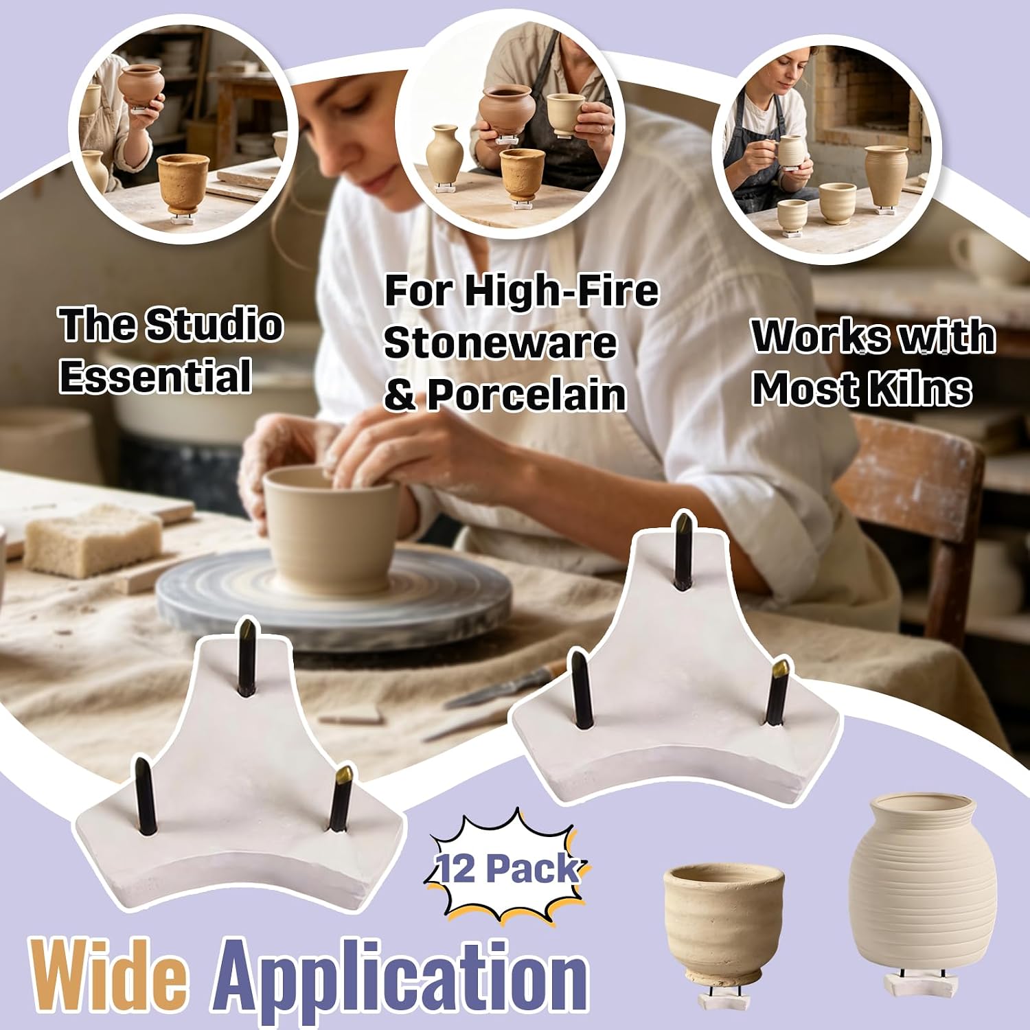 12-Pack White Kiln Stilts for Pottery Pointed Stilts 1 Inch 3-Point Ceramic Tripod with Metal Tips, Durable Kiln Furniture for Pottery and Ceramics Firing