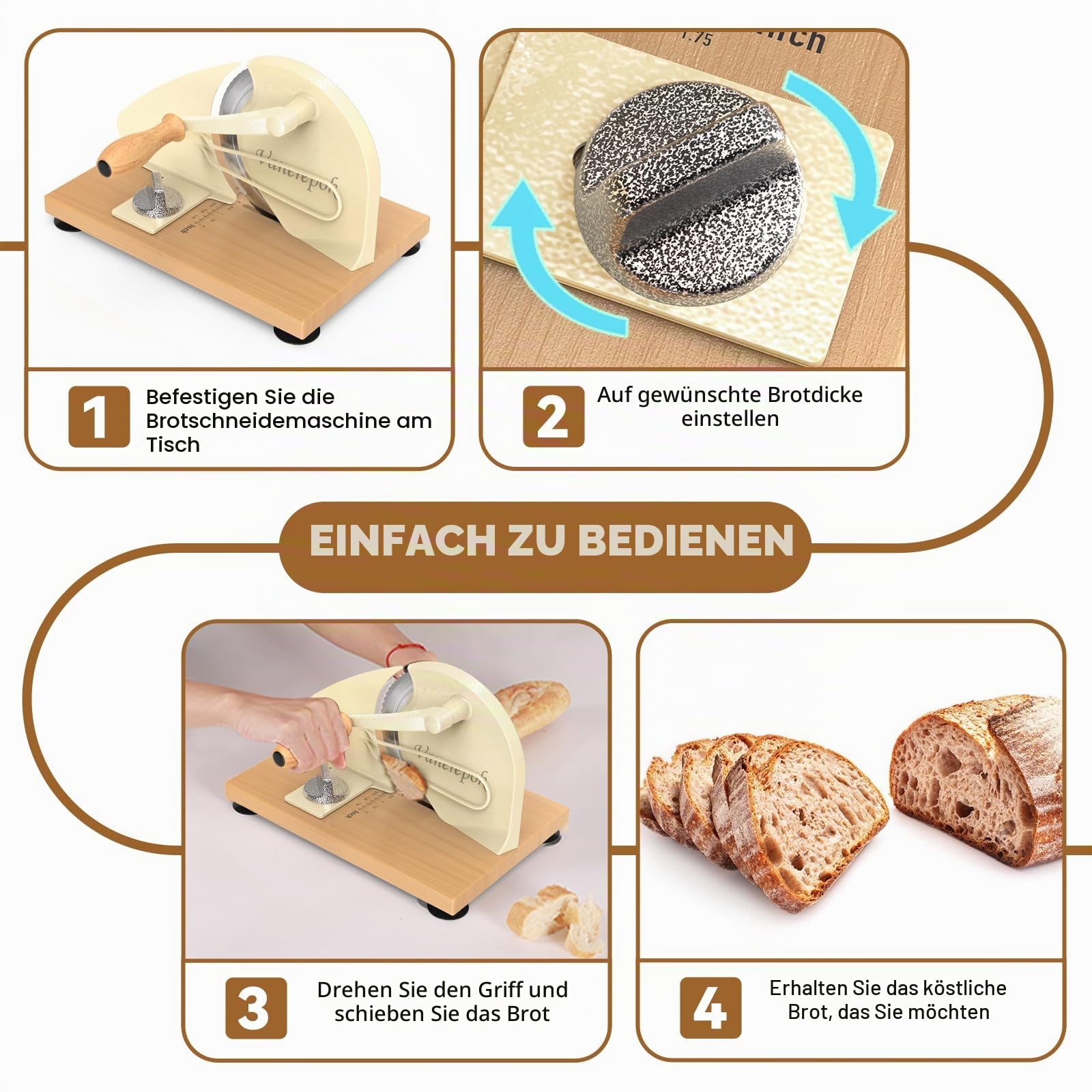 vanerepok Upgrade Manueller Brotschneider für hausgemachtes Sauerteigbrot, klassischer Handkurbel, Heimbrotschneider mit Skalenlinie und Stahlzaun, scharfe Klinge, verstellbare Breite für hausgemachte