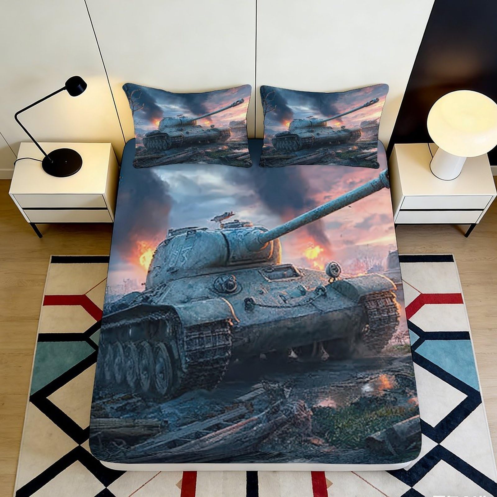 3D Printed Battle Tank Fitted Sheet Microfiber Soft Dark War Scene Mattress Cover Bedroom Decor Protection 90x200x25cm