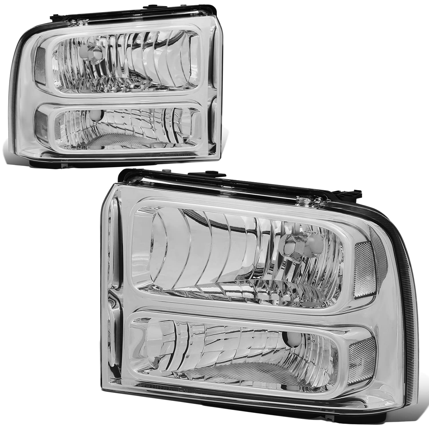 DNA MOTORING HL-OH-FSD05-CH-CL1 Chrome Housing Headlights Compatible with 05-07 F250 F350 F450 F550 SD