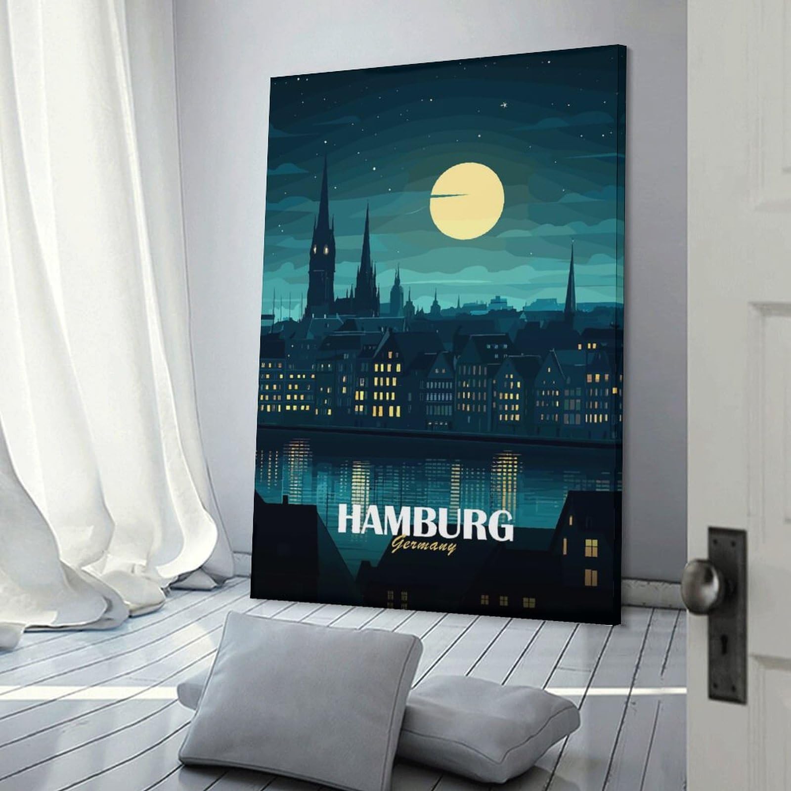 Junmoney Frame-Style-6 Hamburg Germany Night Skyline Illustration Canvas Wall Art 24X36inch(60X90cm), For Work Areas, Reading Rooms Or Studios, A Smart Decor Choice For Study Walls