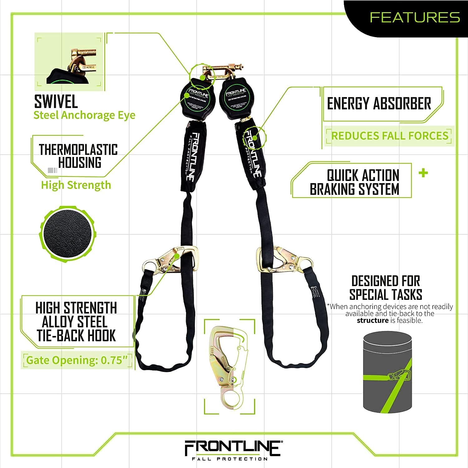 Frontline Fall Protection RPA092TB Tie Back Twin Leg Web 9ft SRL with Tie Back Hook Ends | Comfort Lightweight Compact and Rugged | Quick Action Braking System | OSHA and ANSI Compliant : Tools & Home Improvement